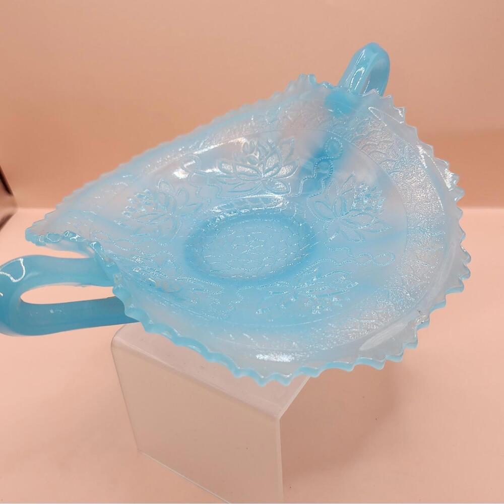 Antique Fenton Lt Blue Glass Two Handle Bon Bon Dish Bowl Ruffled Sawtooth Edge
